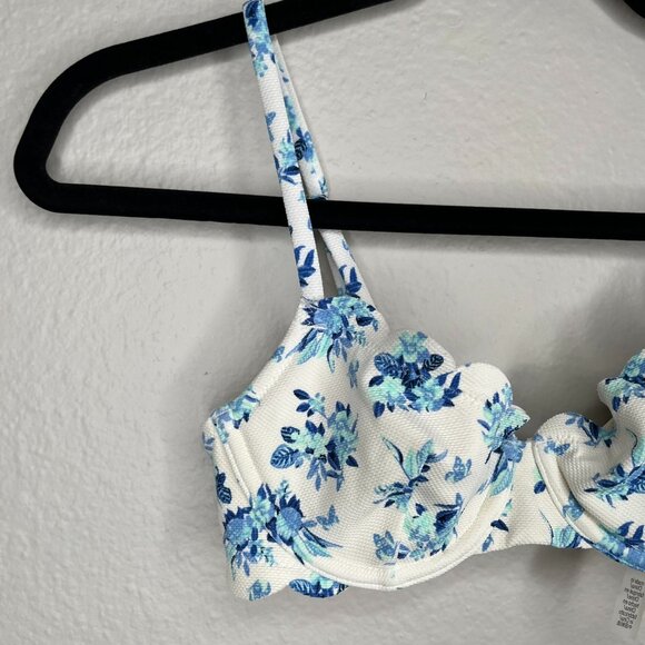 Victorias Secret Floral Underwire Swim top 32A Blue & White Scalloped trim - Picture 5 of 12